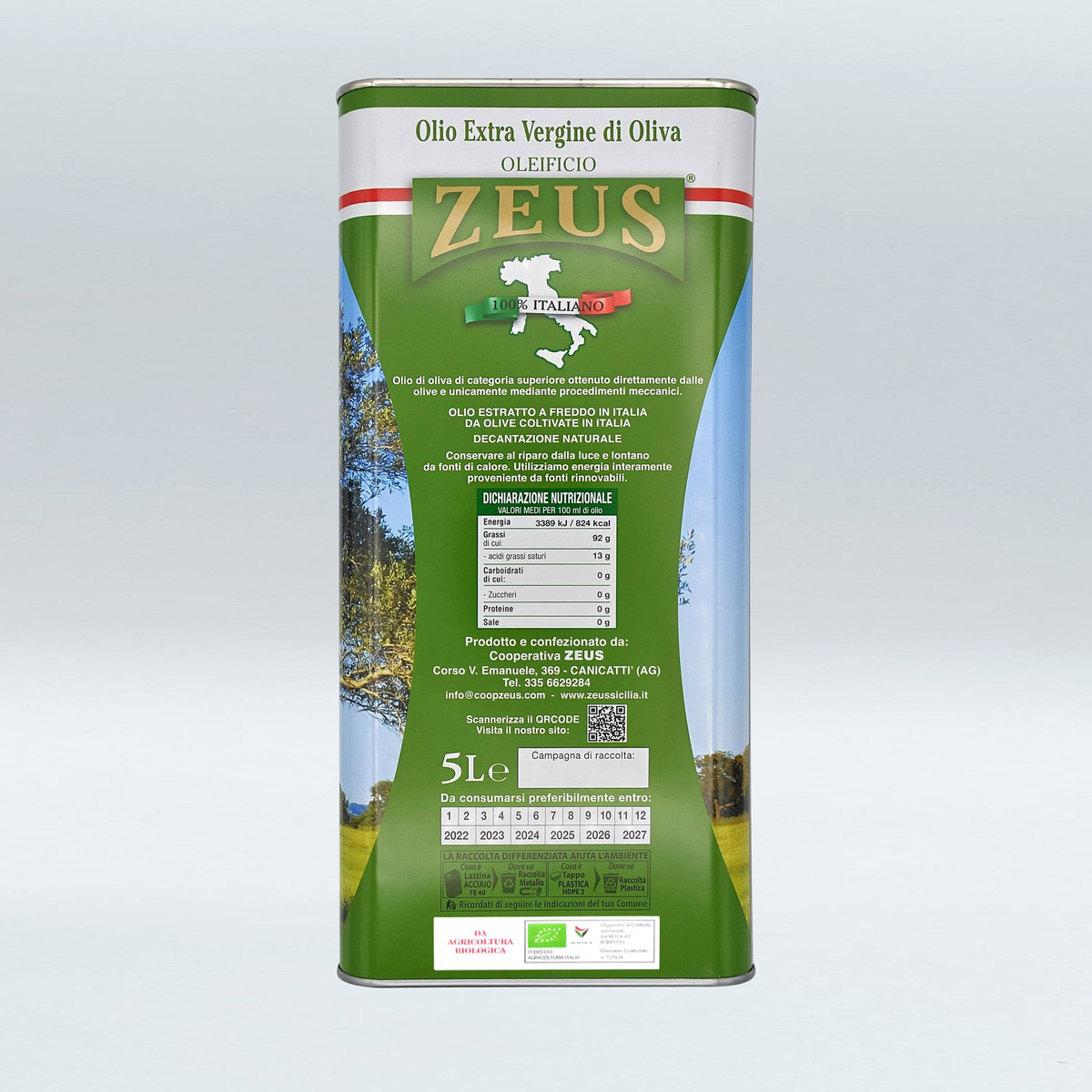 Olio Extravergine di Oliva BIOLOGICO Siciliano Zeus Sicilia Lattina 5 Litri