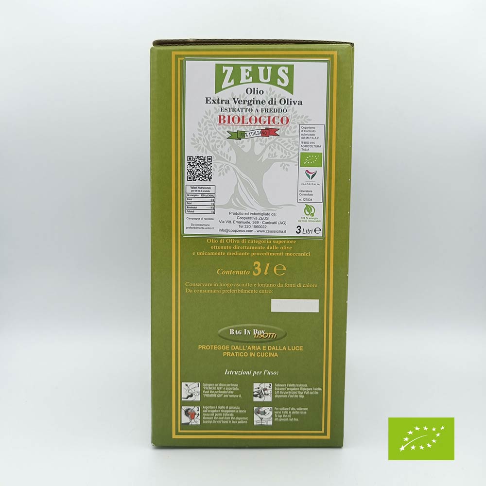 Olio Extravergine di Oliva BIOLOGICO Siciliano Zeus Sicilia – Bag in Box 3 Litri