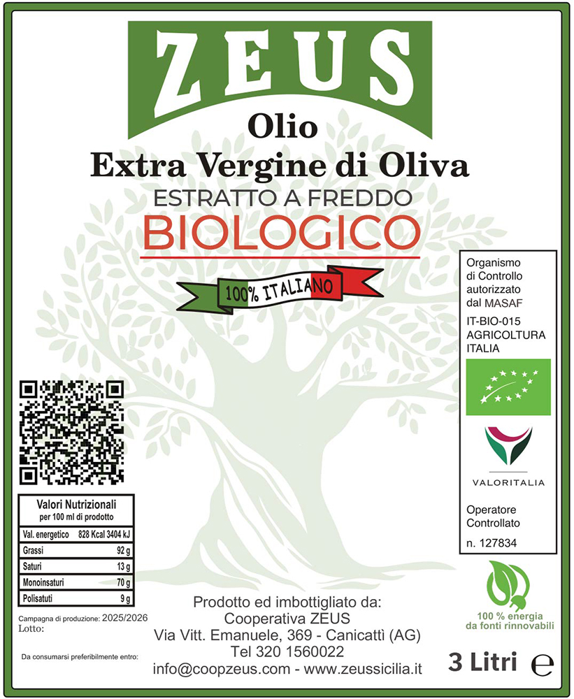 3x Olio Extravergine di Oliva BIOLOGICO Siciliano Zeus Sicilia – Bag in Box 3 Litri - immagine 2