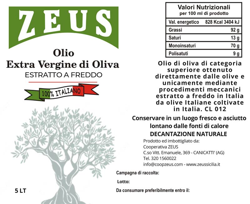 Olio Extravergine di Oliva Siciliano Zeus Sicilia – Bag in box 5 Litri - immagine 2